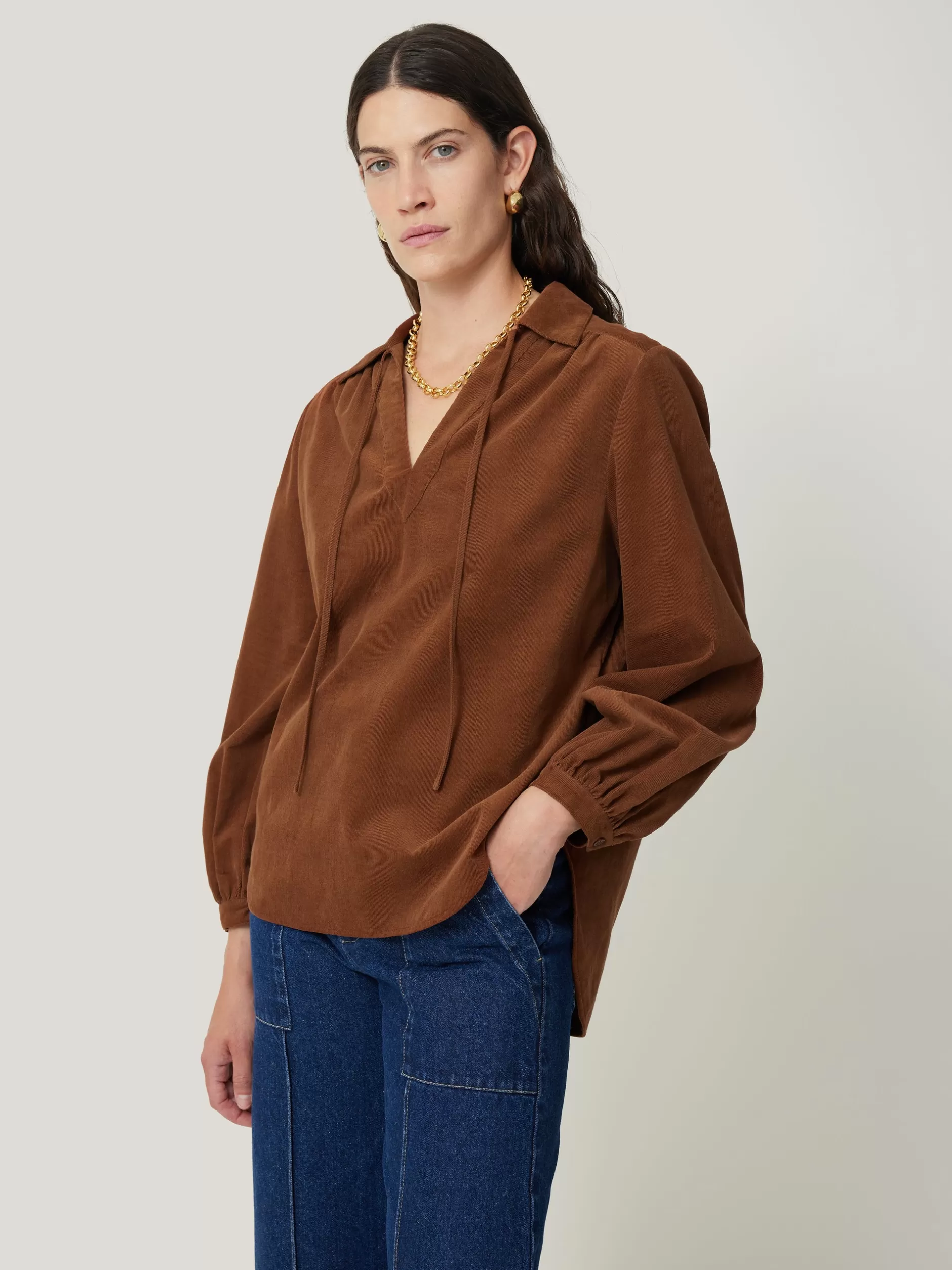 Outlet Jigsaw Corduroy V Neck Top Brown