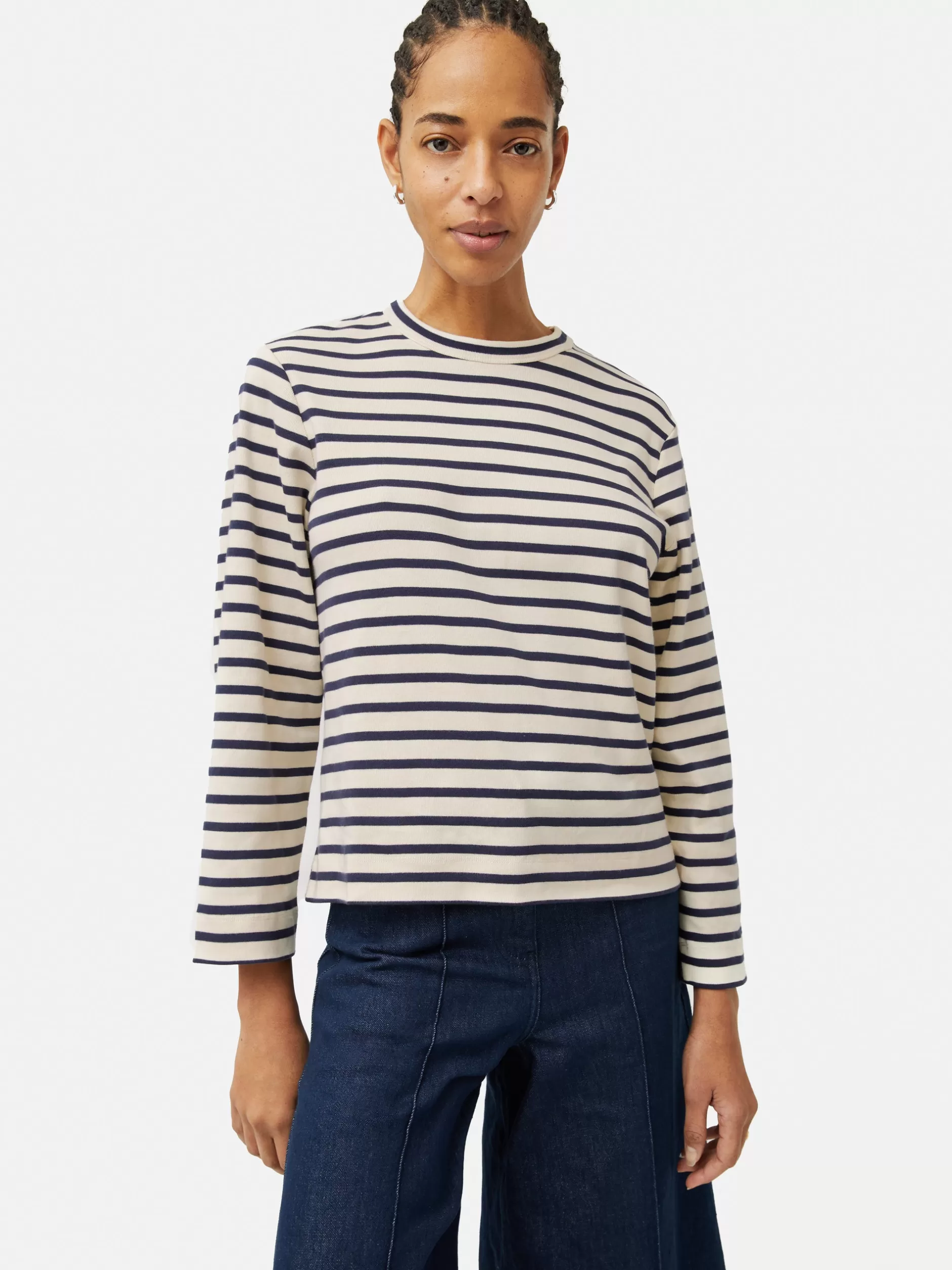 Outlet Jigsaw Cotton Stripe Sweatshirt Navy