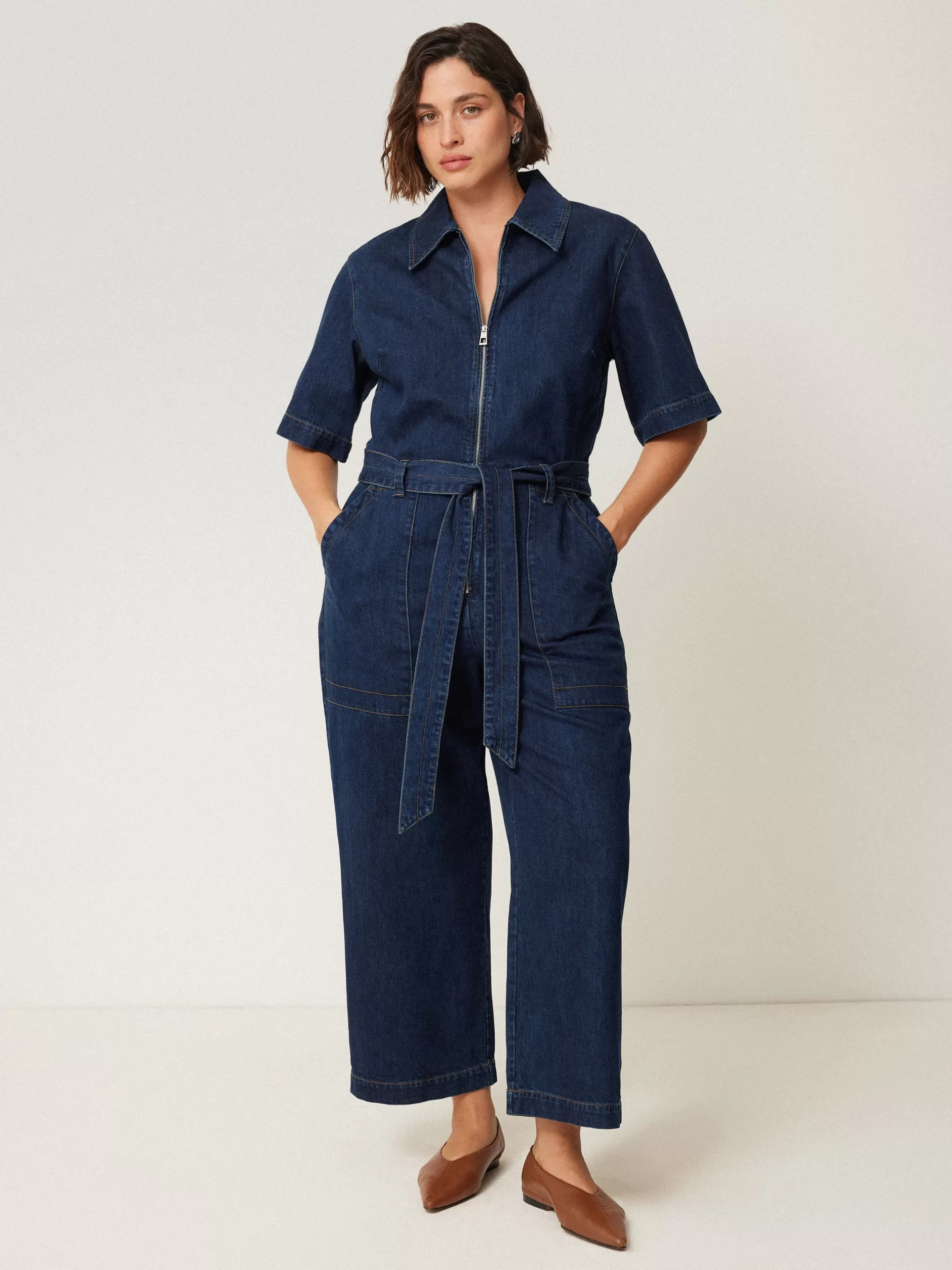 Outlet Jigsaw Denim Zip Front Jumpsuit Indigo