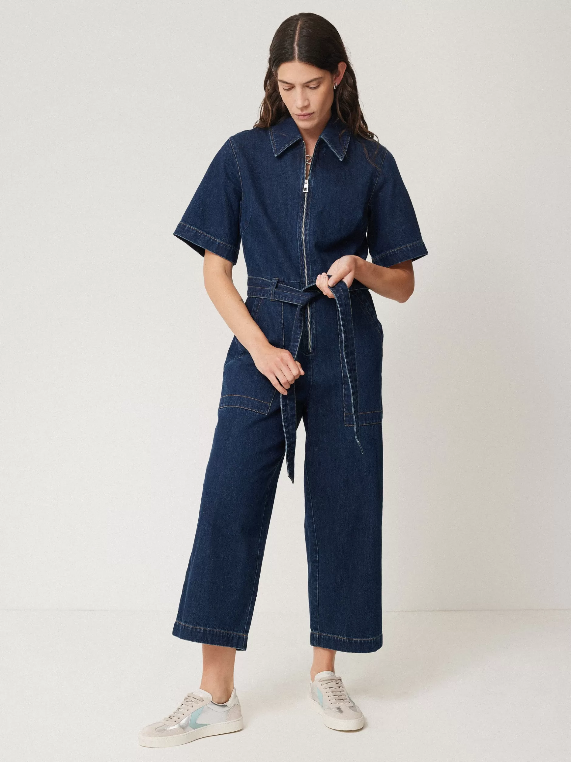 Outlet Jigsaw Denim Zip Front Jumpsuit Indigo