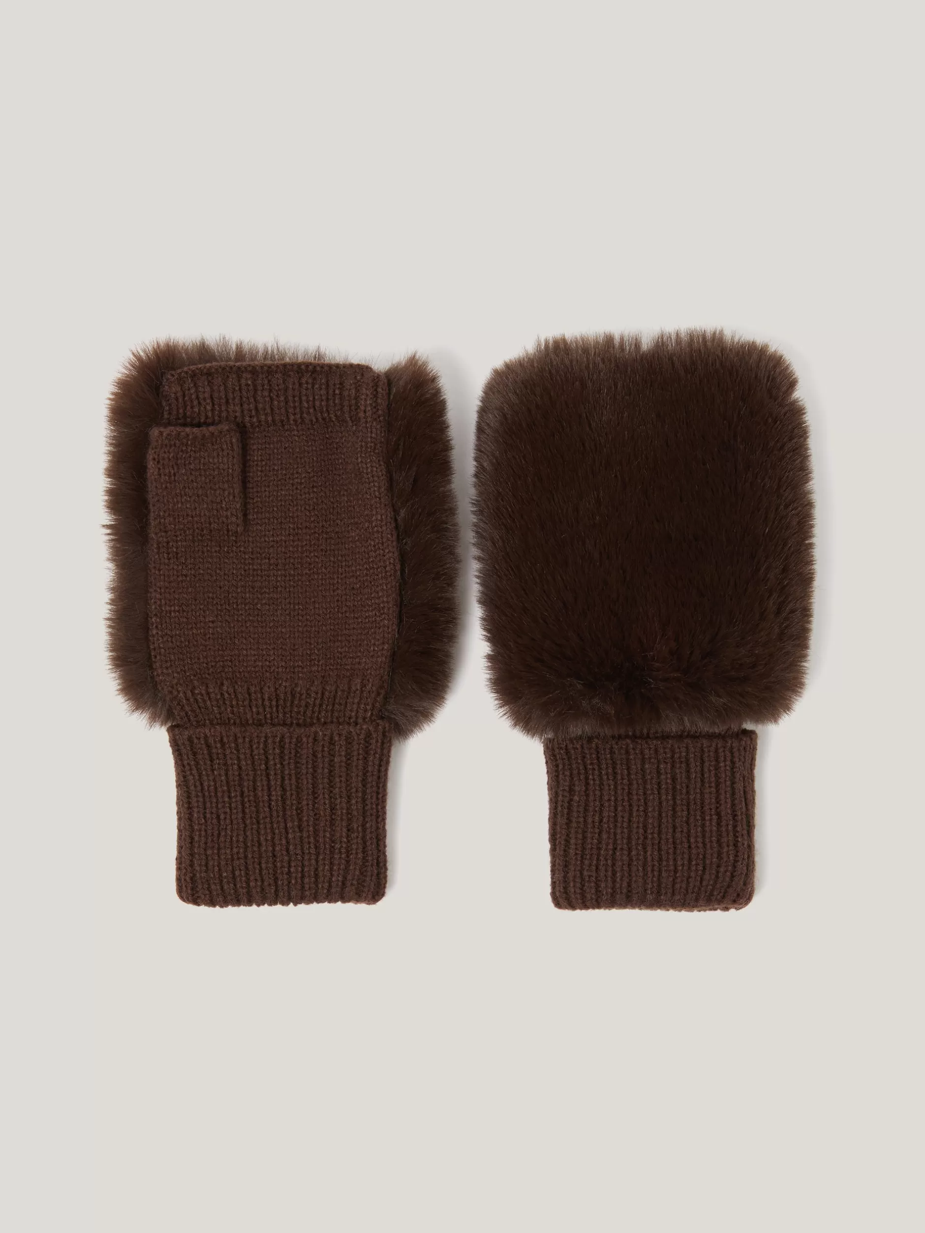 Hot Jigsaw Faux Fur Mittens Chocolate