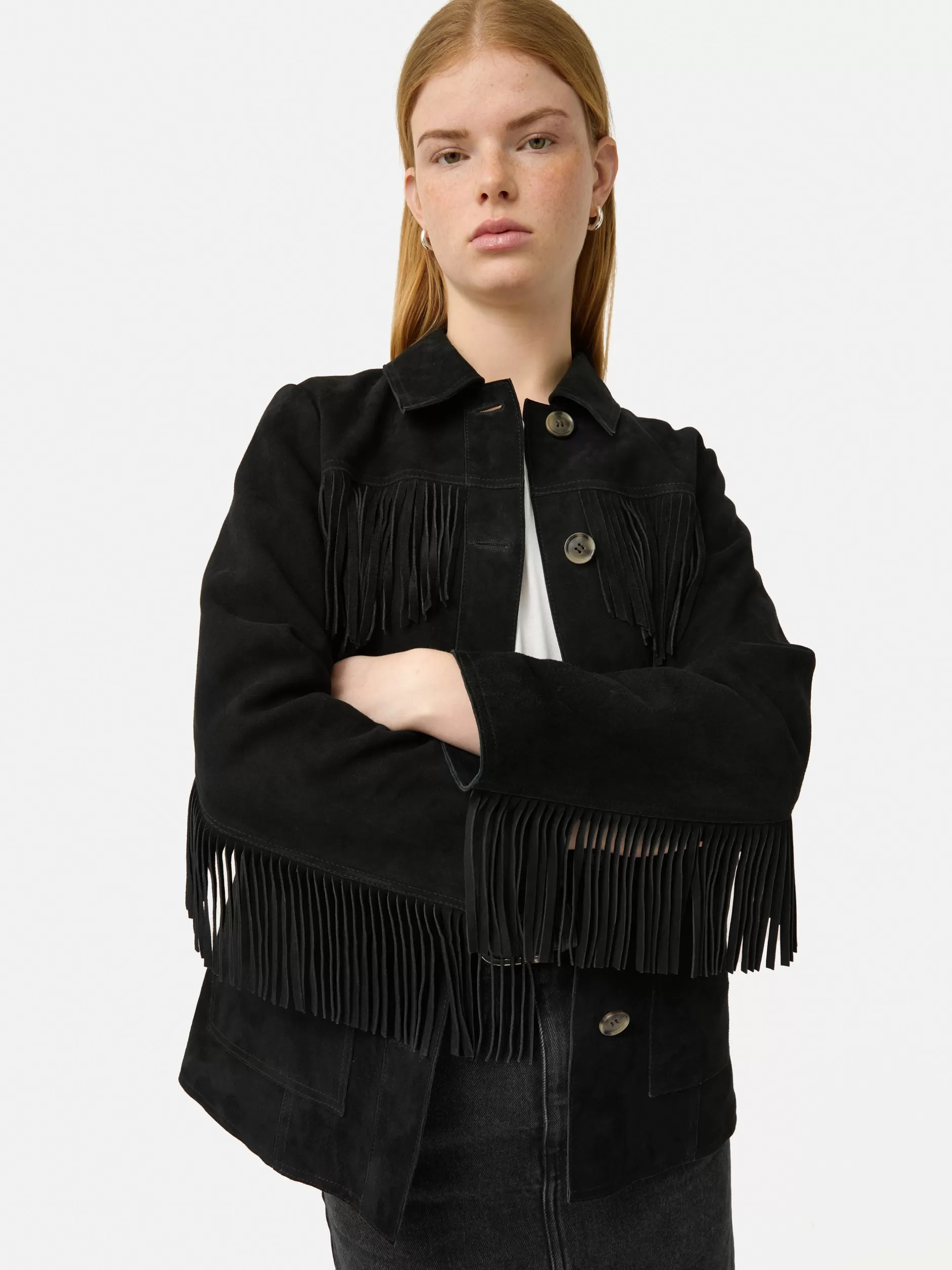 New Jigsaw Fringed Suede Jacket Black