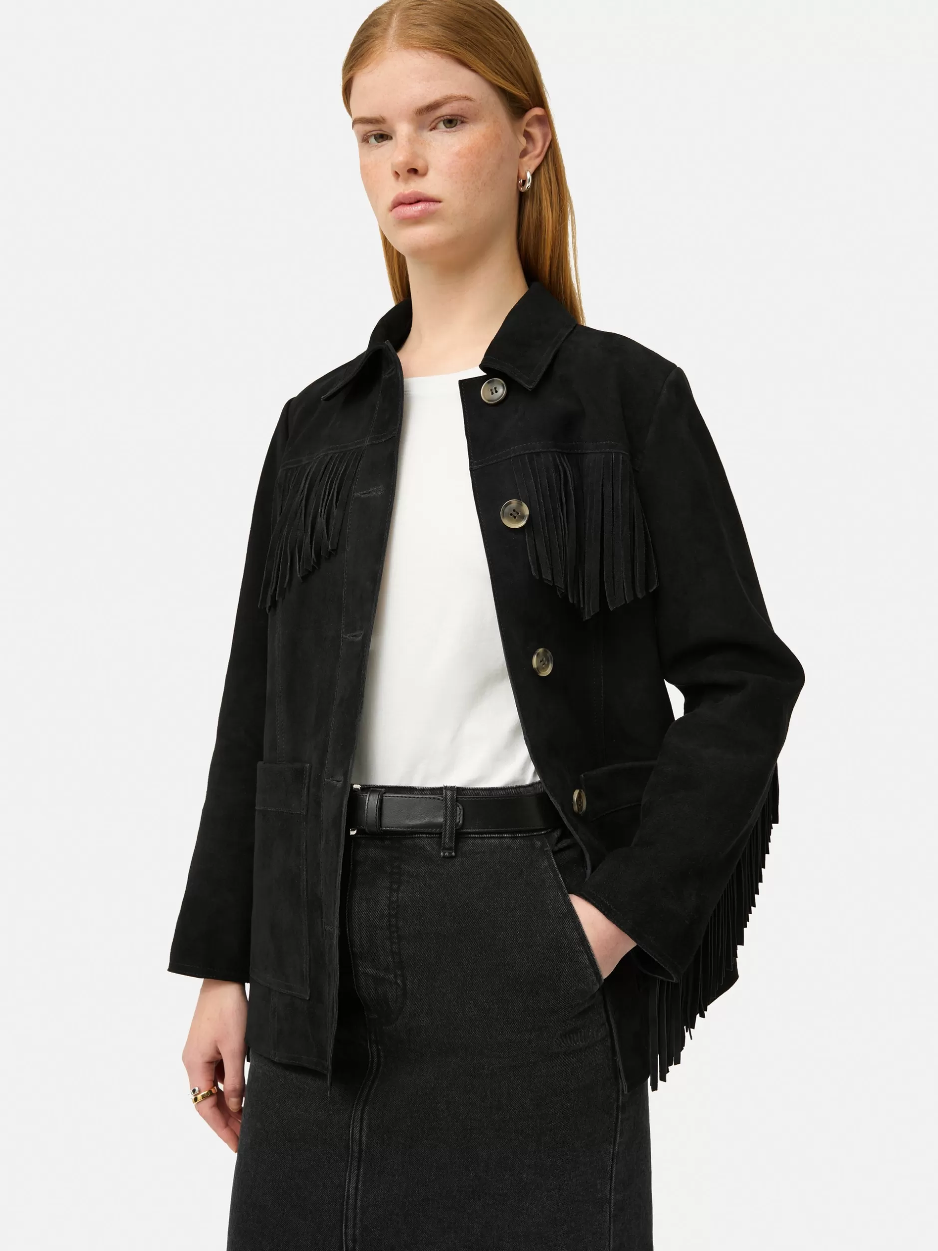 New Jigsaw Fringed Suede Jacket Black