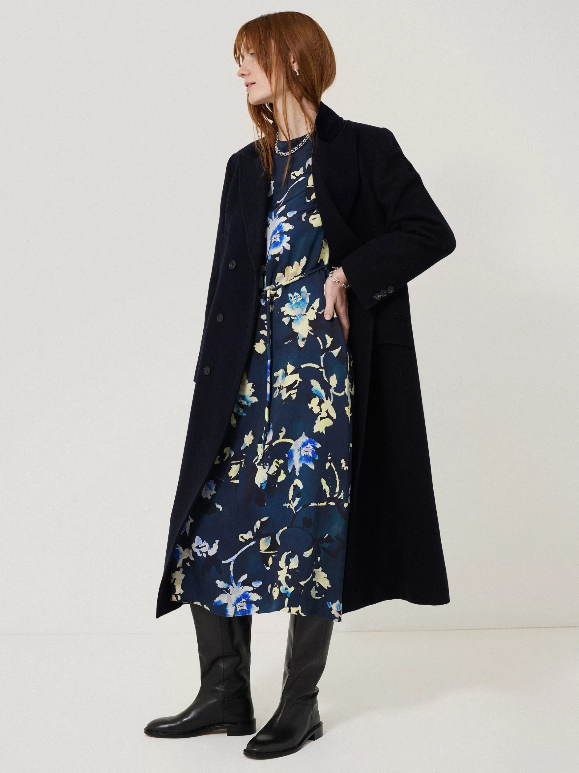 New Jigsaw Hidden Floral Satin Dress Navy