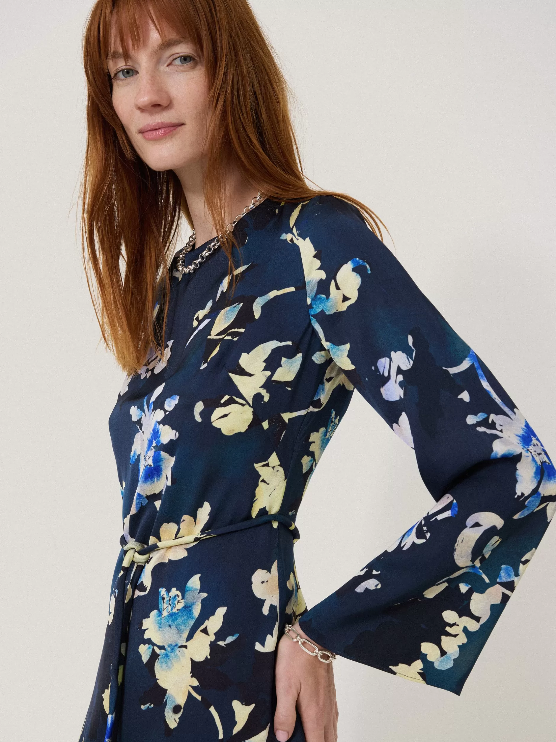 New Jigsaw Hidden Floral Satin Dress Navy