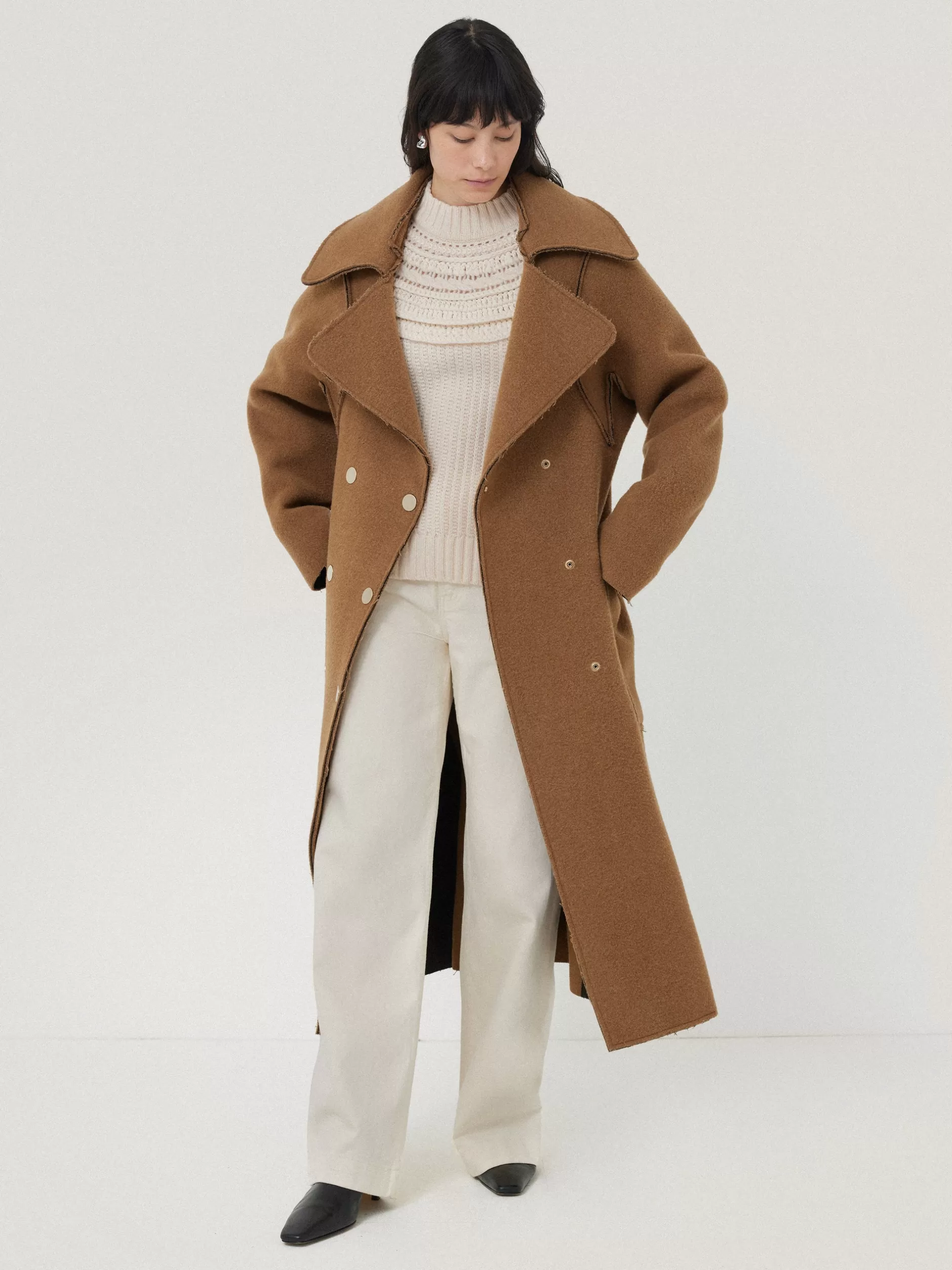 Online Jigsaw Italian Wool Raw Edge Coat Camel