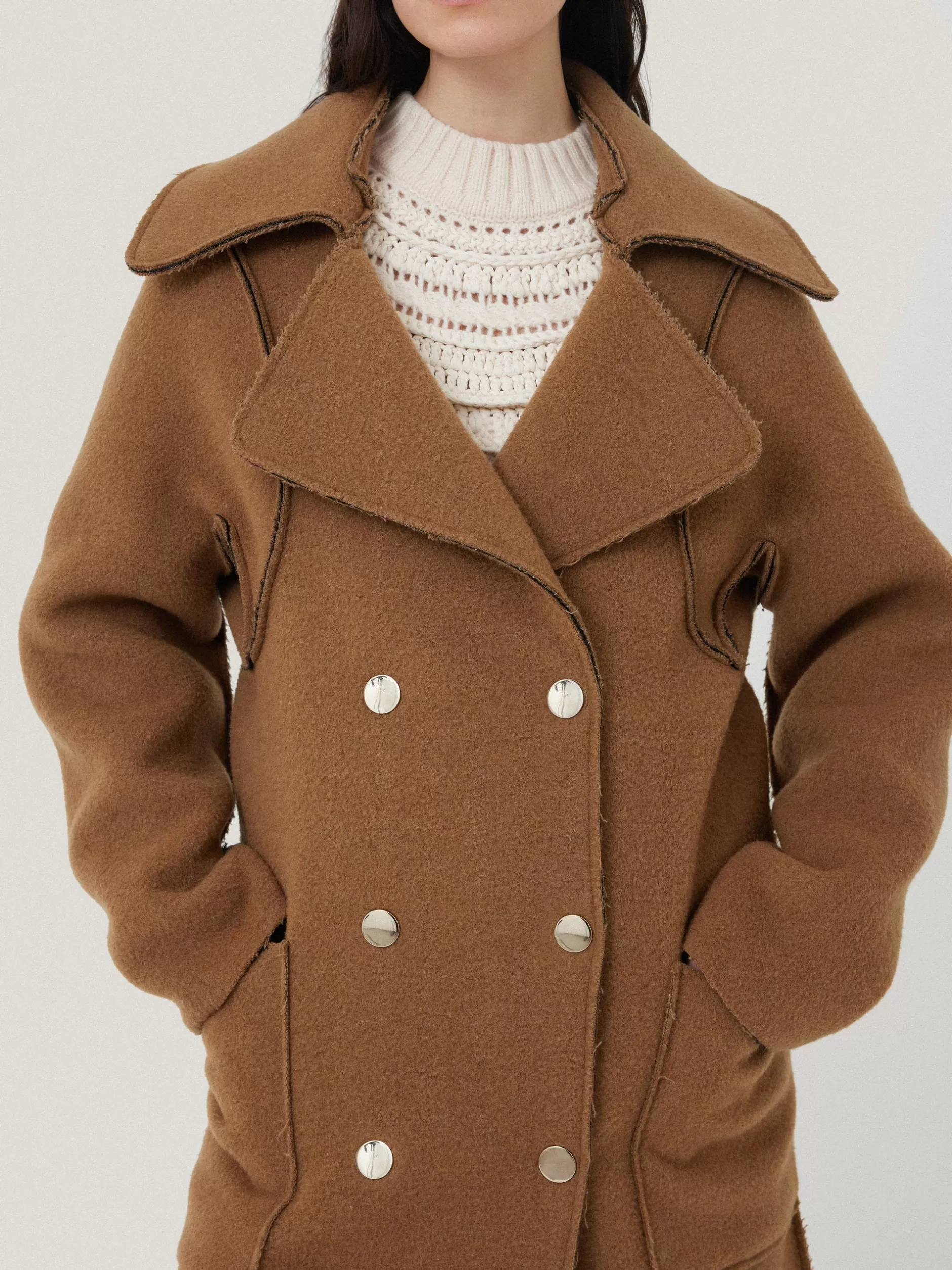 Online Jigsaw Italian Wool Raw Edge Coat Camel