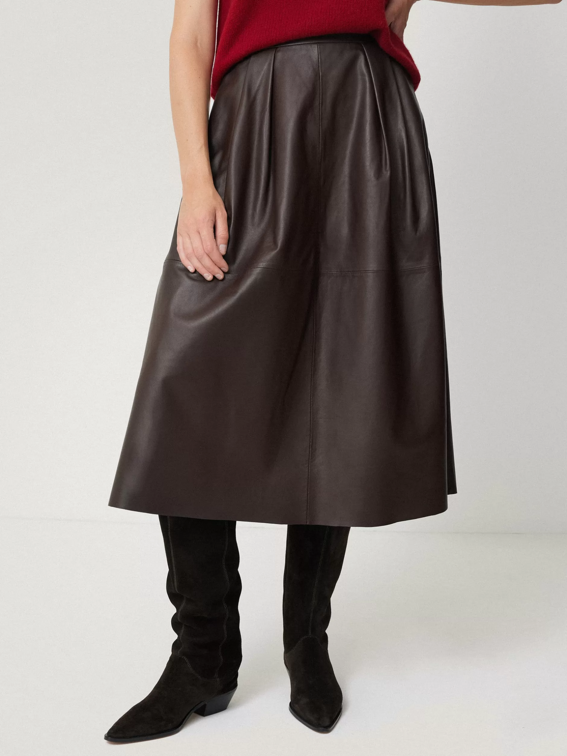 Hot Jigsaw Leather Pleat Midi Skirt Brown