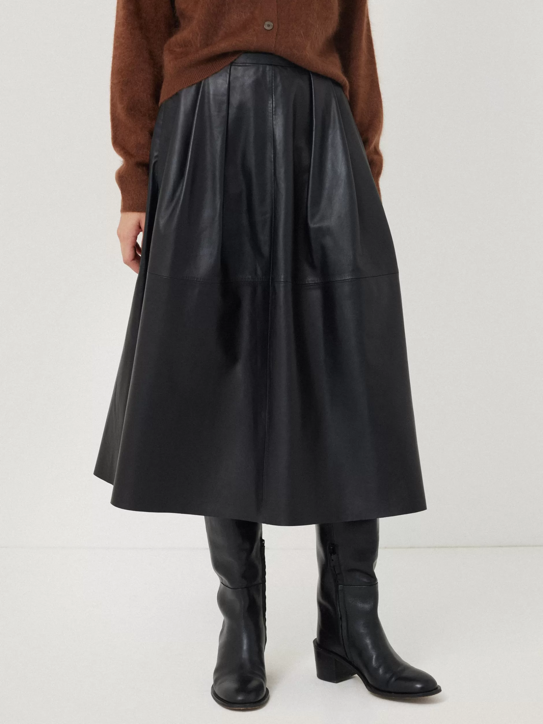 Cheap Jigsaw Leather Pleat Midi Skirt Black