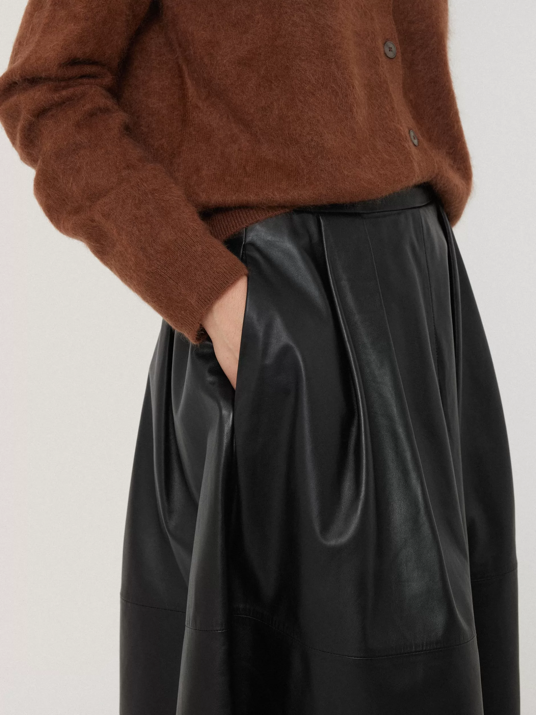 Cheap Jigsaw Leather Pleat Midi Skirt Black