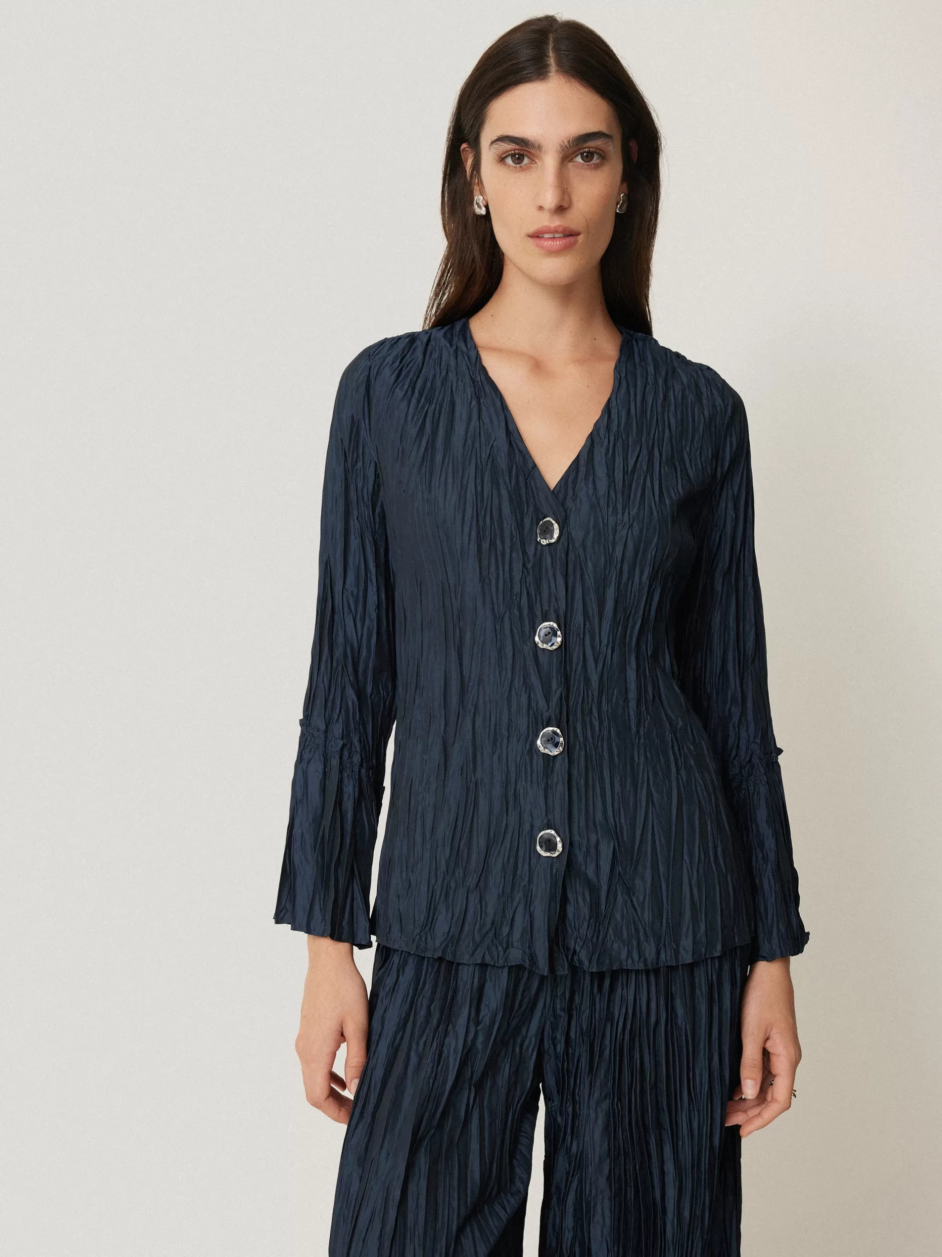 Cheap Jigsaw Plisse Button Up Top Navy