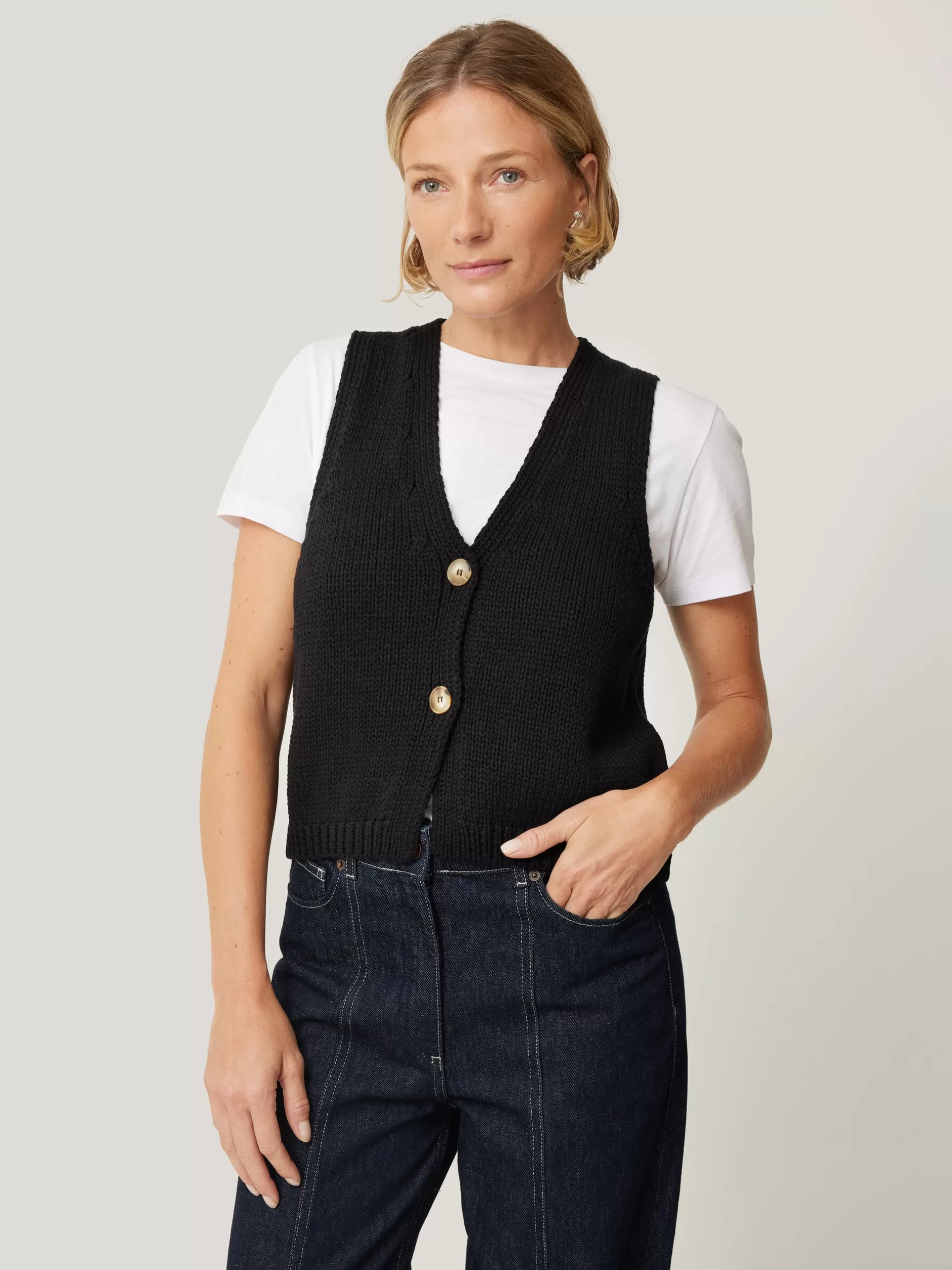 Sale Jigsaw Pure Cotton Knitted Waistcoat Black