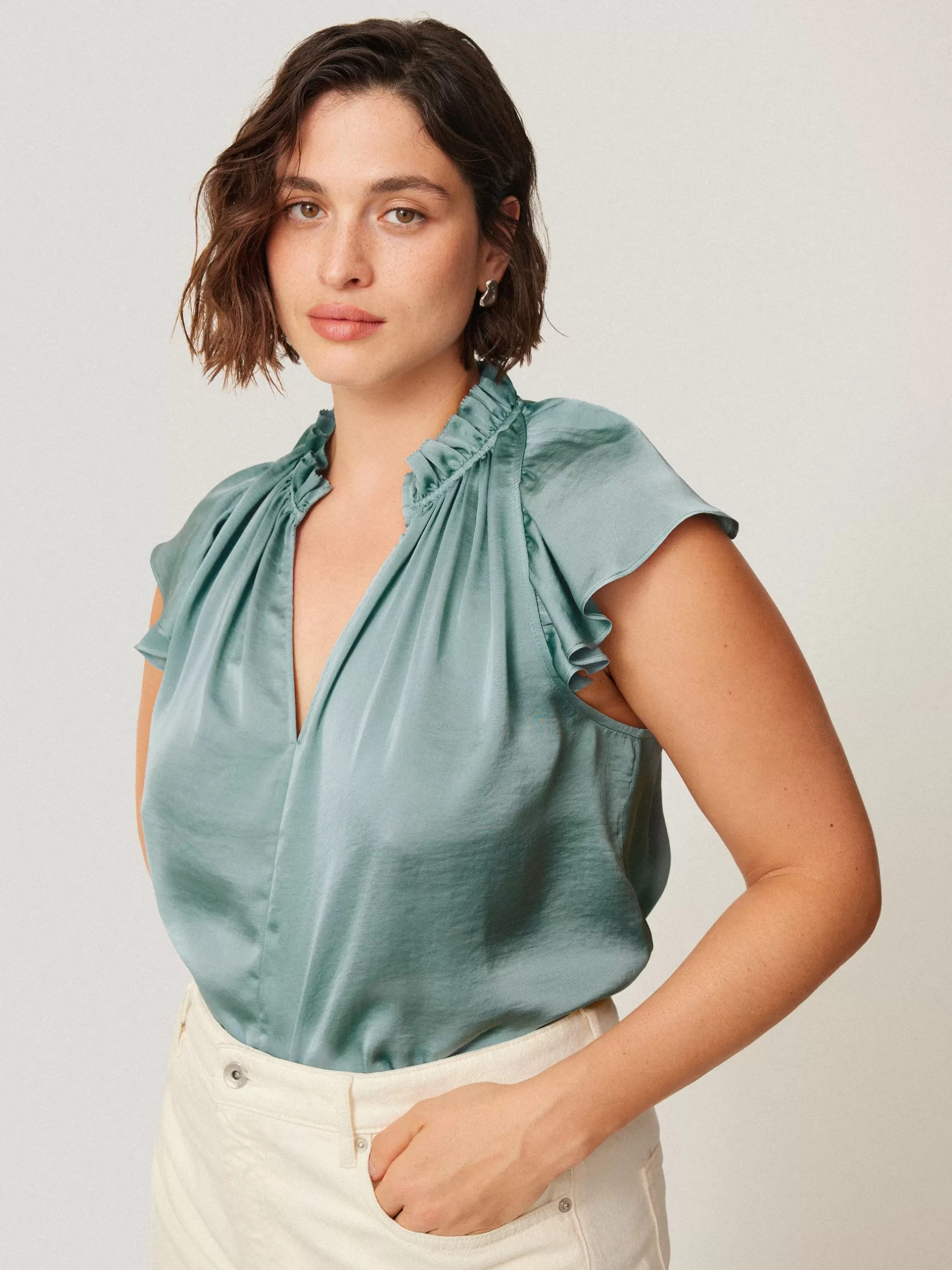 Clearance Jigsaw Recycled Satin Frill Neck Top Green