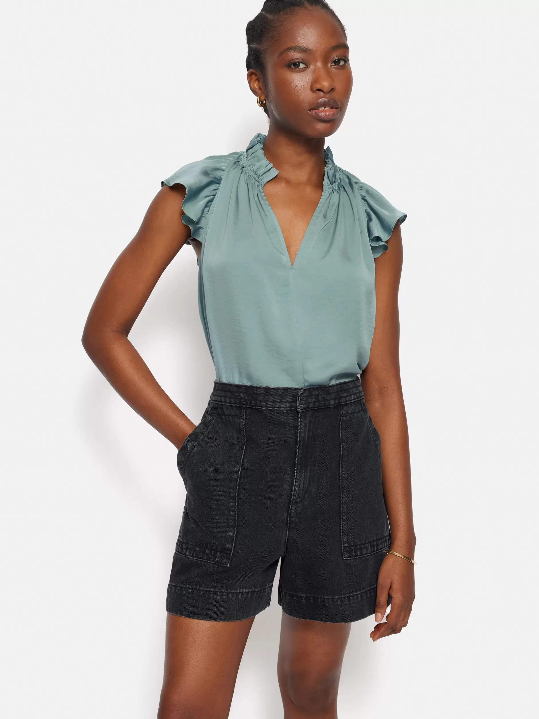 Clearance Jigsaw Recycled Satin Frill Neck Top Green