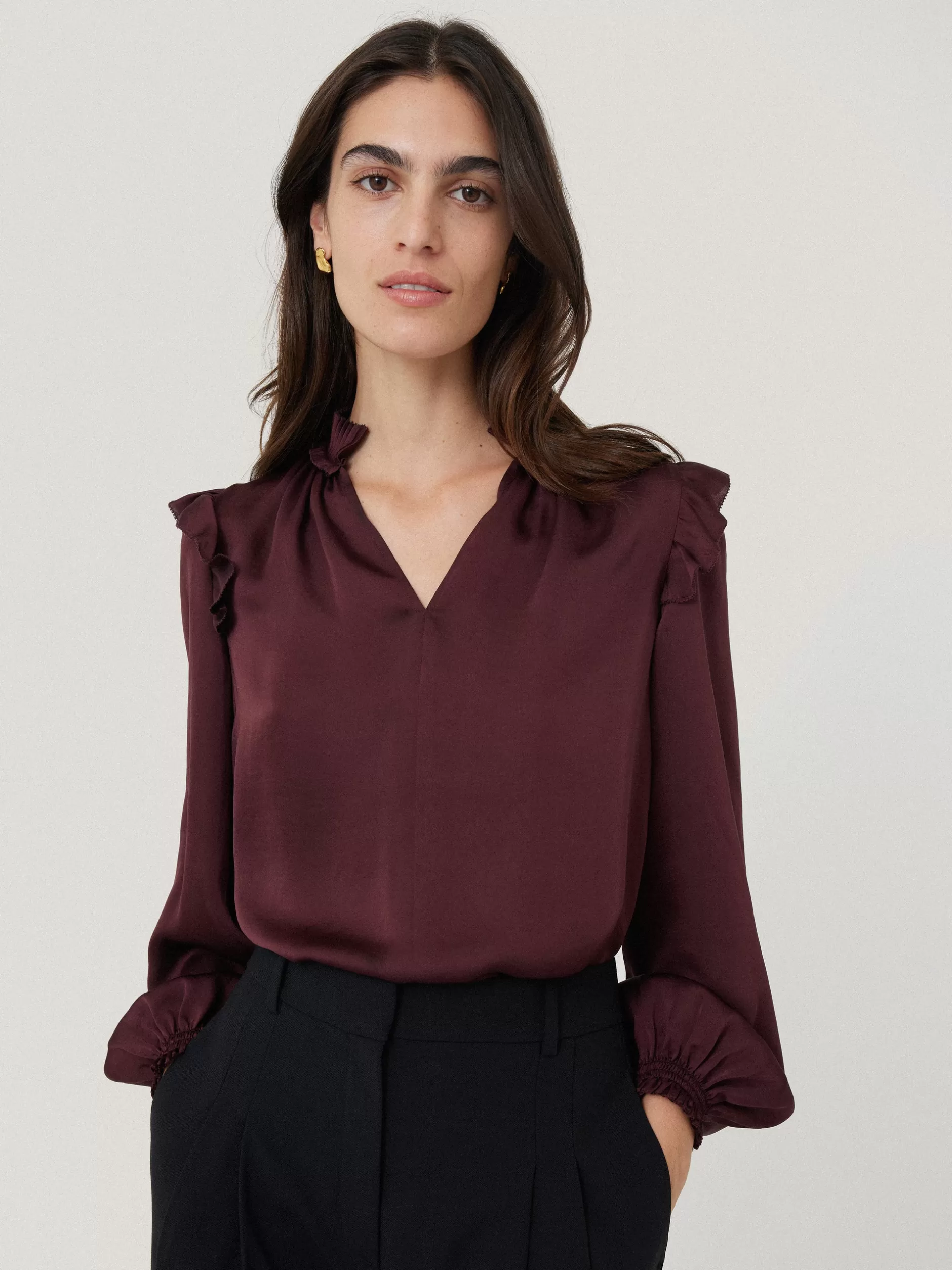 Sale Jigsaw Recycled Satin Ruffle Top Burgundy