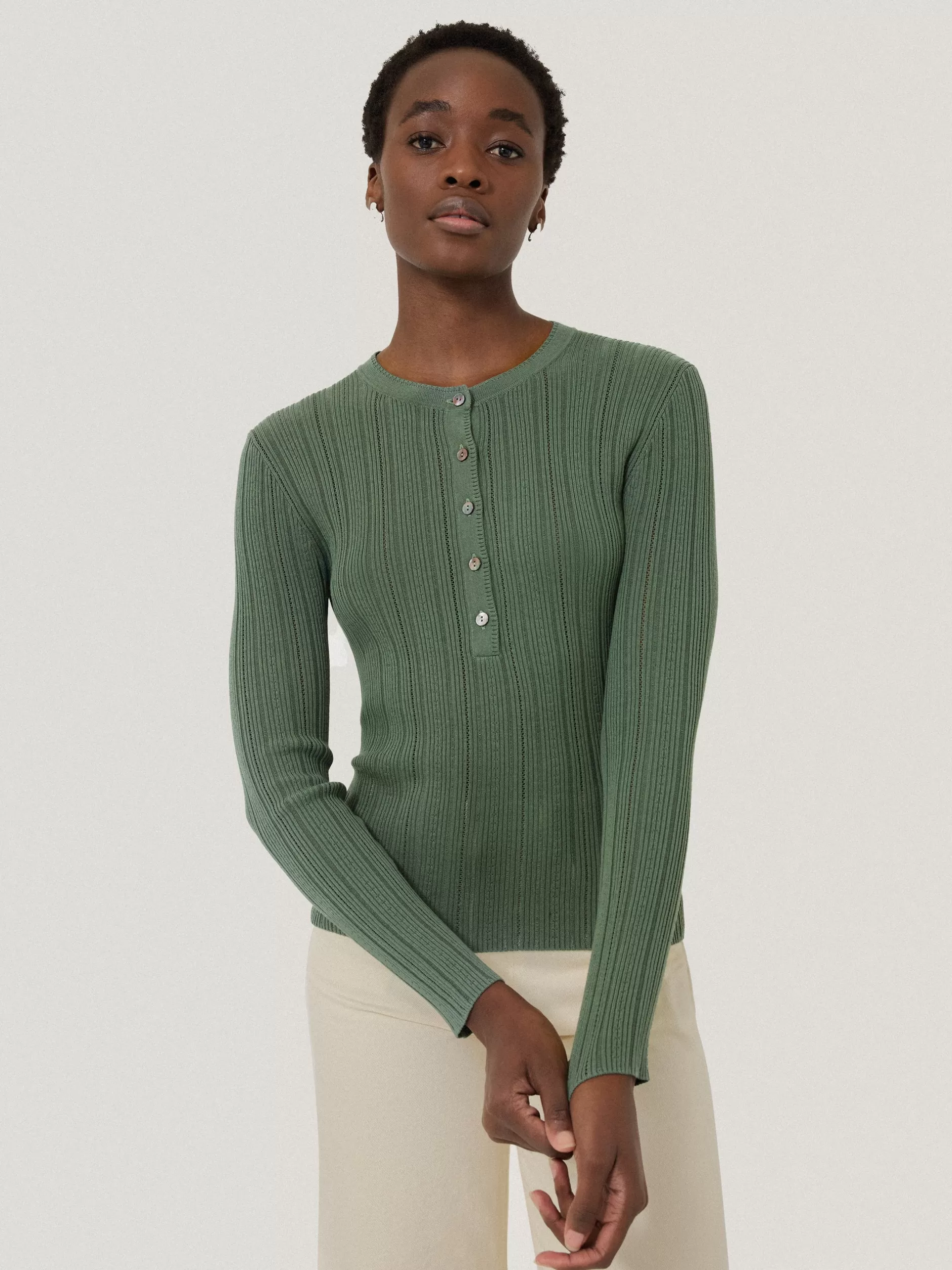 Fashion Jigsaw Rib Pointelle Henley Jumper Green