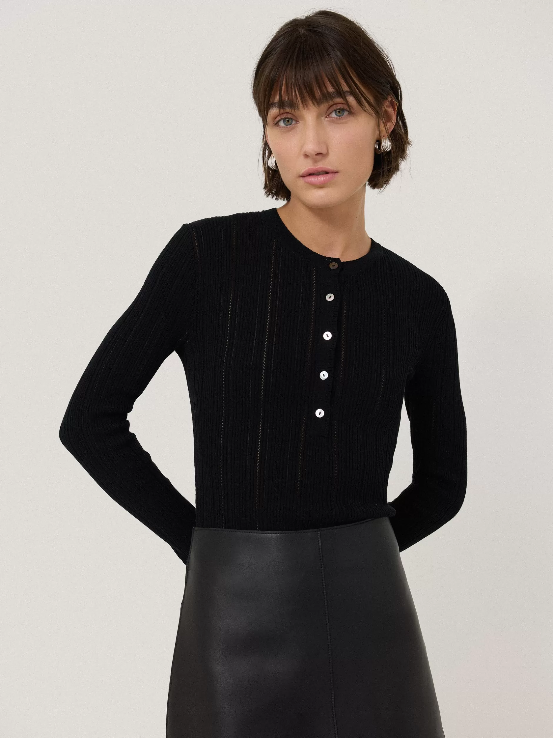 Cheap Jigsaw Rib Pointelle Henley Jumper Black