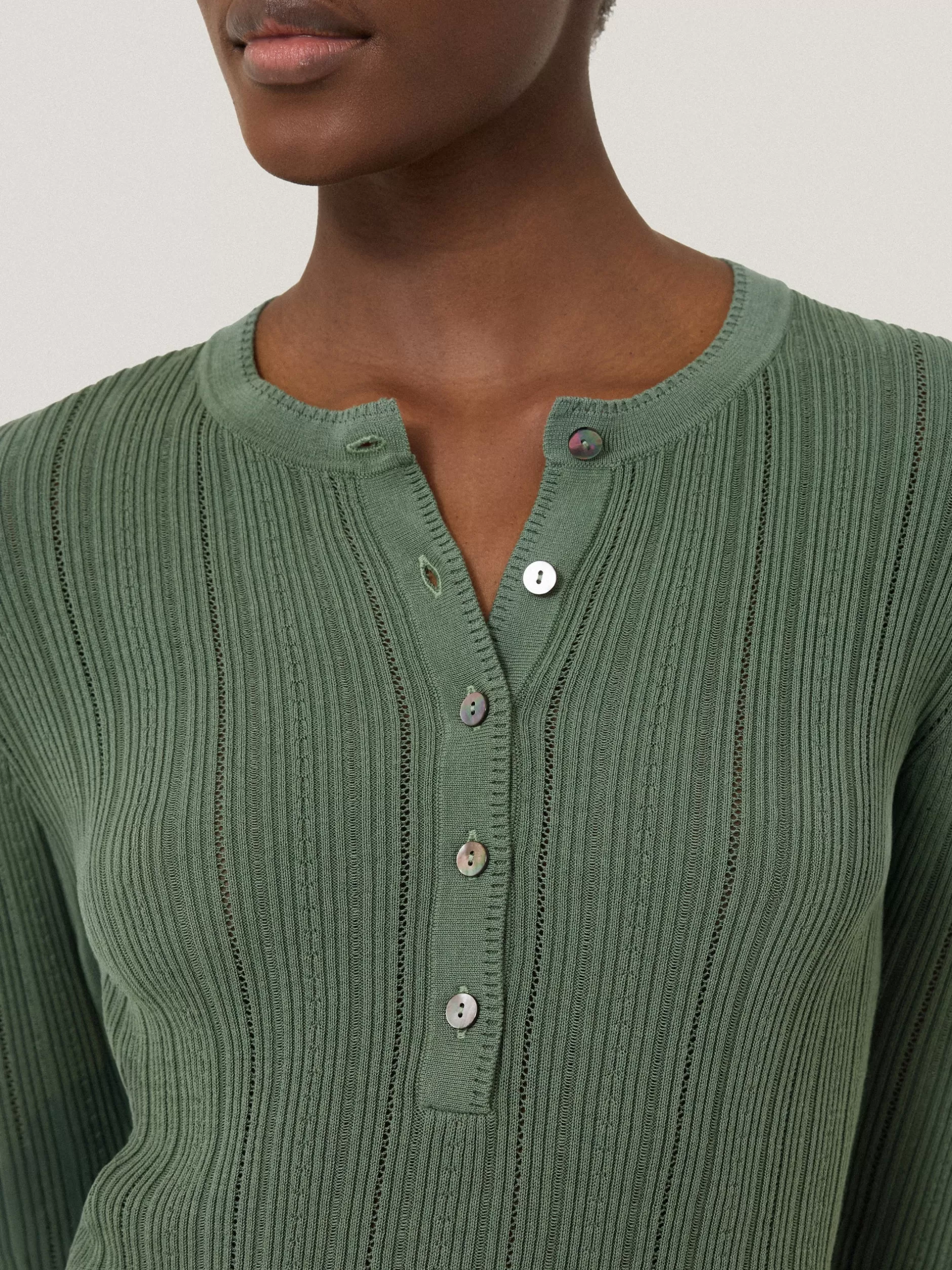 Fashion Jigsaw Rib Pointelle Henley Jumper Green