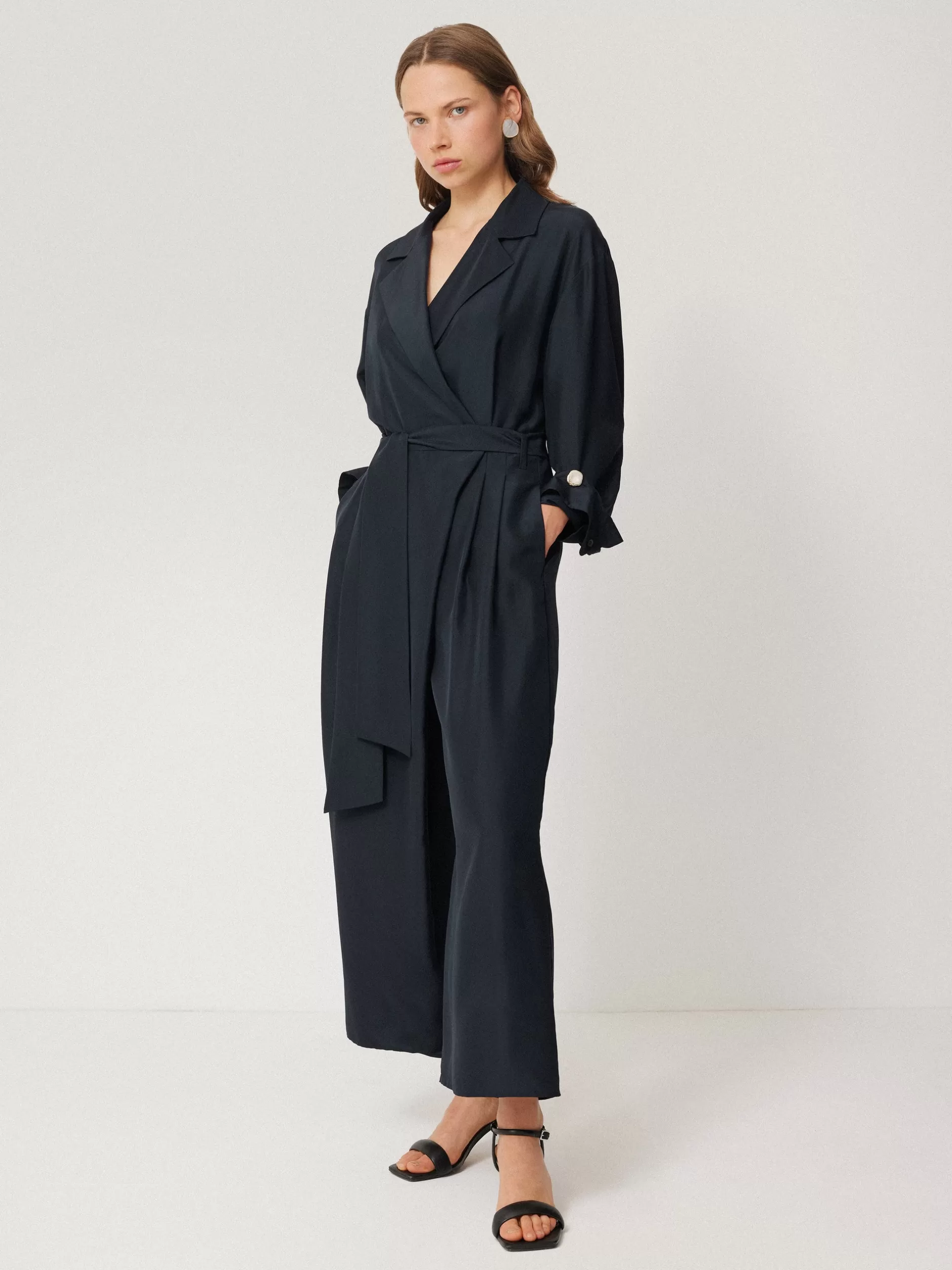 Clearance Jigsaw Silk Relaxed Wrap Jumpsuit Navy