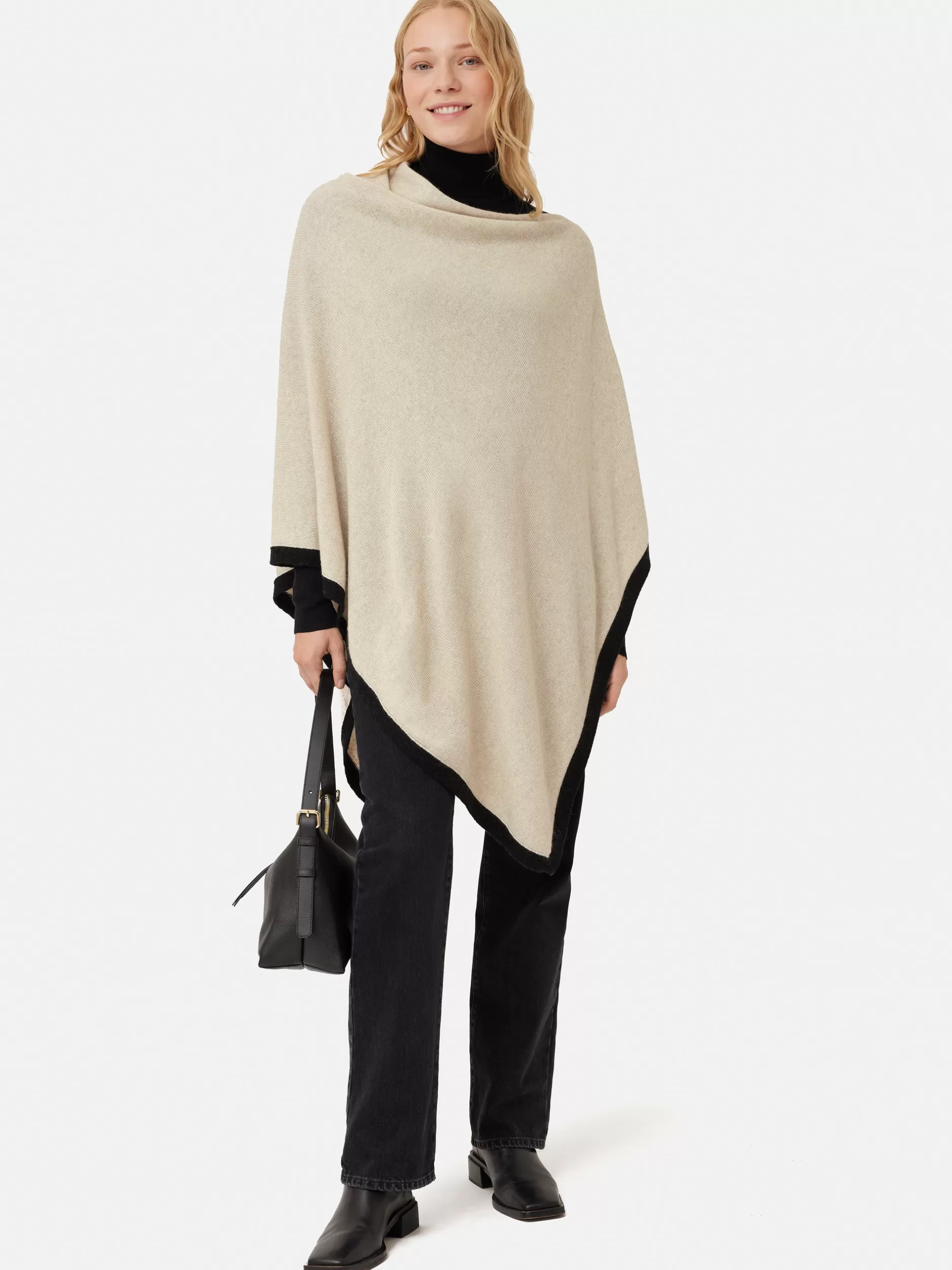 Fashion Jigsaw Wool Cashmere Blend Border Poncho Cream