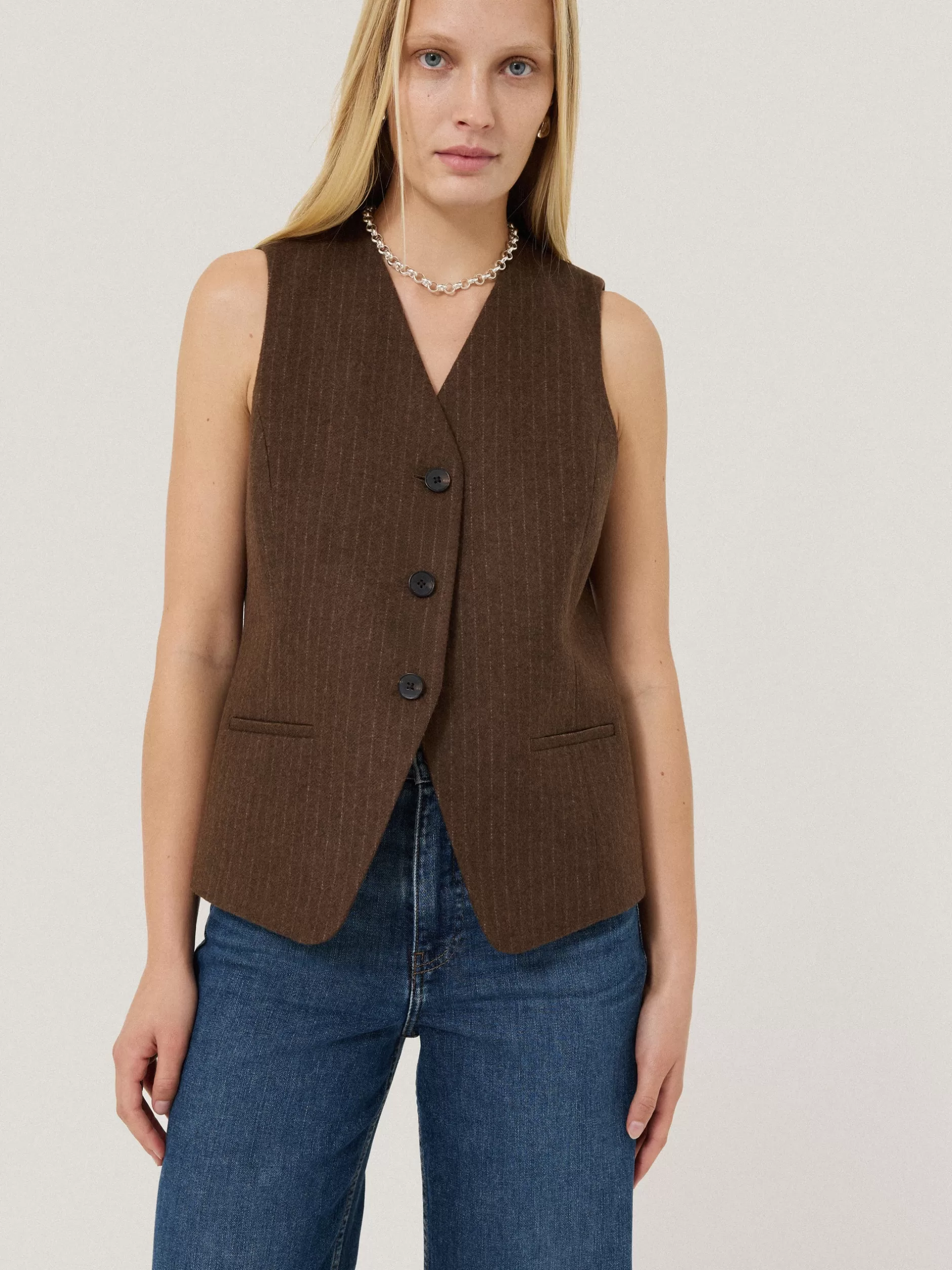 Flash Sale Jigsaw Wool Pinstripe Waistcoat Brown